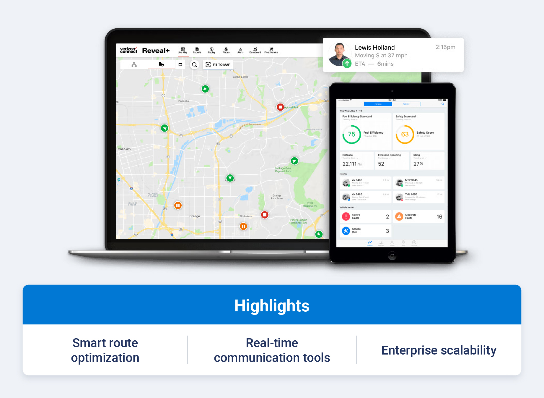 Verizon Connect fleet management dashboard showing optimized delivery routes, real-time driver communication and enterprise dispatch management tools. 